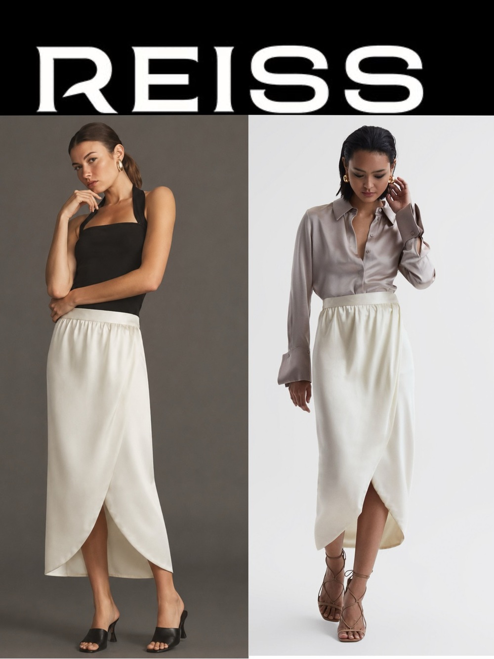 $475 Reiss Tyra Silk High-Low Wrap Skirt in Ivory US size 4